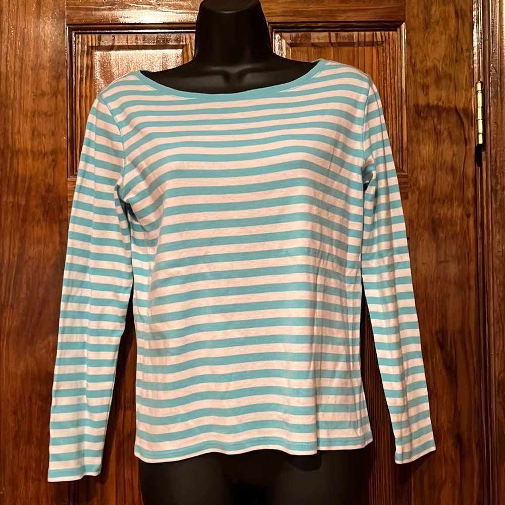Talbots Aqua & White Long Sleeve Tee